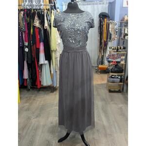 Brianna Sequin Top Cap Sleeved Gown with Mesh